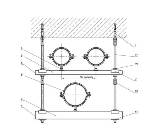 Крепления нескольких трубопроводов к перекрытию в Кобрине